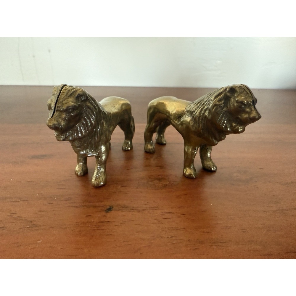 Pair Of Vintage Brass Lion Statue Figurines 2.5" shelf, decor, home decor‎